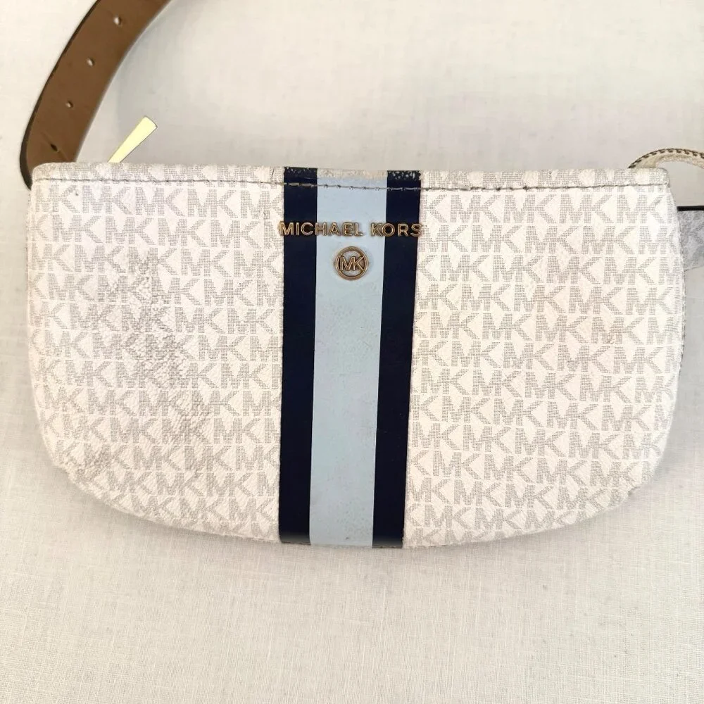 Michael Kors Monogram Belt Bag Blue Stripe Adjustable Strap Small Zip Pouch - Picture 12 of 15